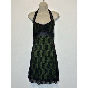 Taboo Vintage Y2K 90s Black Lace Over Green Halter Dress Sz S Fairy Whimsigoth